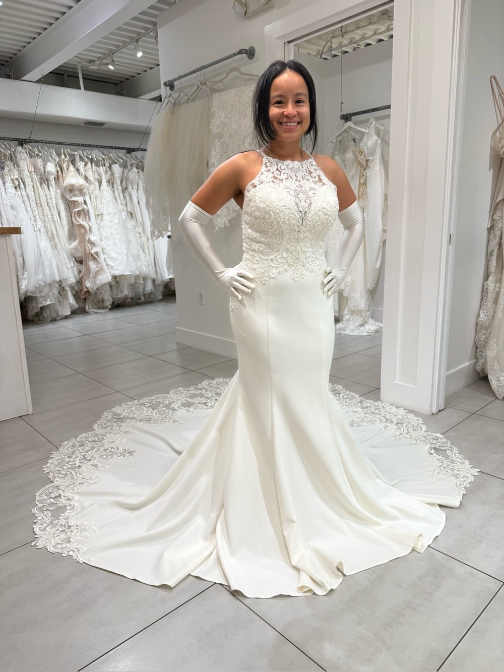Allure Bridals Ivory High-Neck Lace Mermaid Wedding Dress